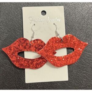 Big Red Material Glitter LipStick Lips Dangle Earrings Jewelry